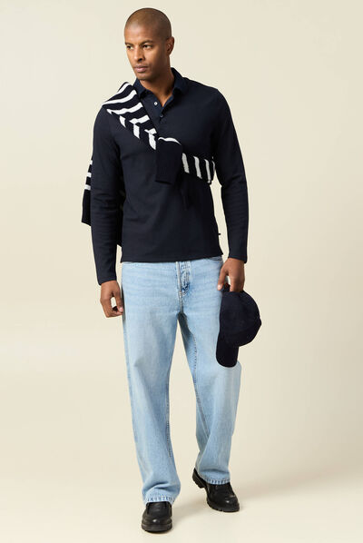 Polo manches longues bleu marine homme
