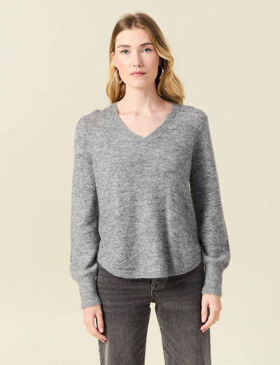 Pull manches longues col en V gris clair femme