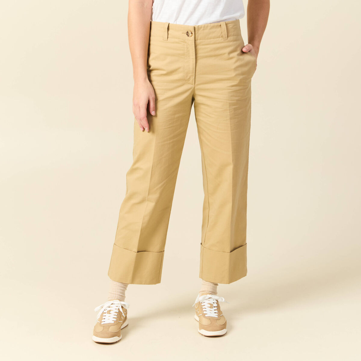 Pantalon large cropped taille haute beige femme