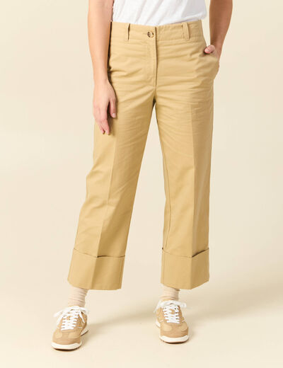 Pantalon large cropped taille haute beige femme