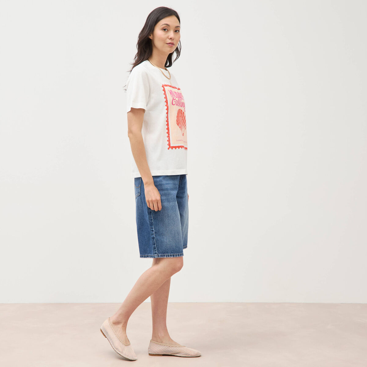 T-shirt droit en coton manches courtes ecru femme