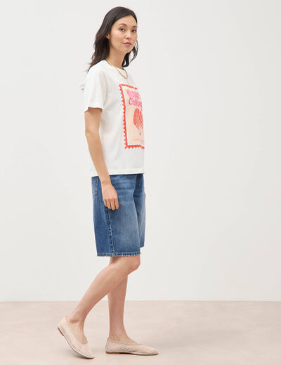T-shirt droit en coton manches courtes ecru femme