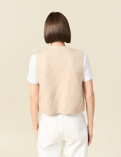 Gilet sans manches col v brod&eacute; creme femme