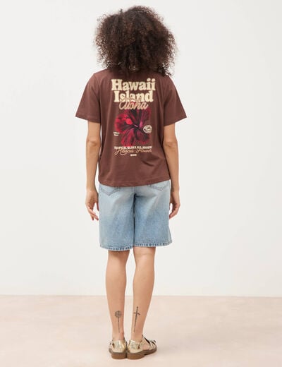 T-shirt droit en coton manches courtes marron cognac femme