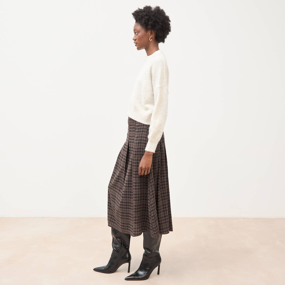 Pull droit cropped manches longues creme femme