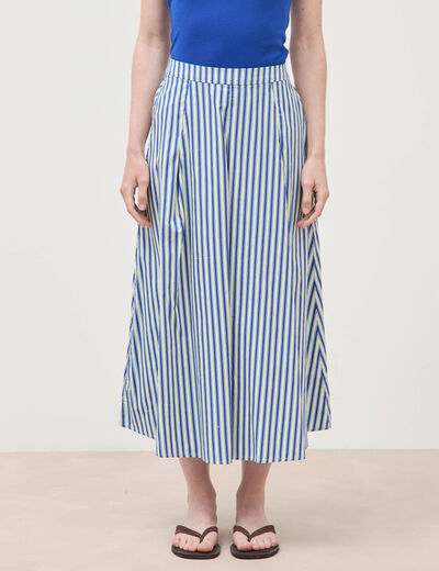 Jupe longue &eacute;vas&eacute;e en coton ray&eacute; bleu femme