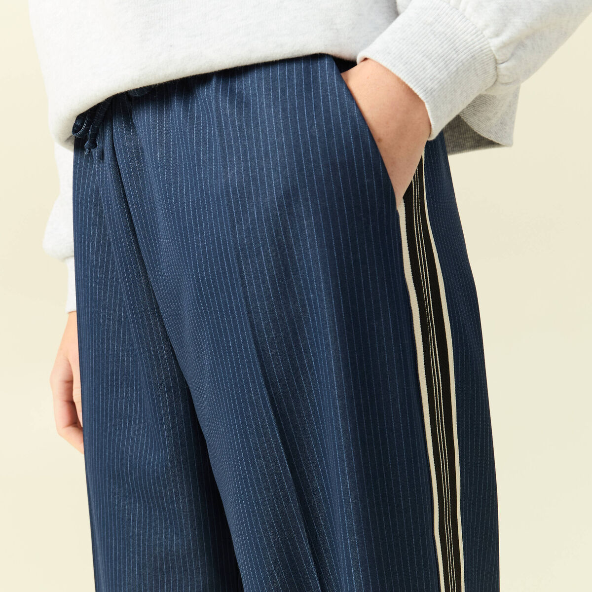 Pantalon large taille haute ray&eacute; bleu marine femme