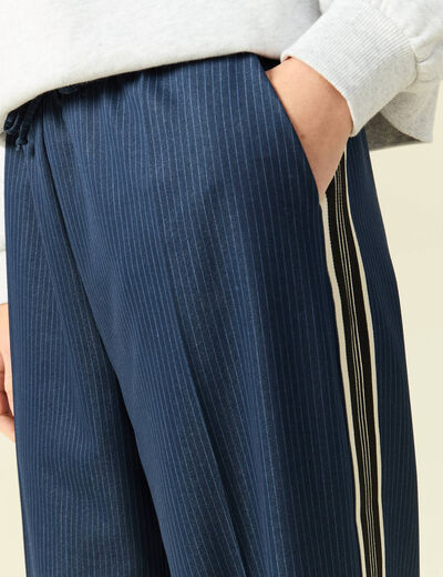 Pantalon large taille haute ray&eacute; bleu marine femme