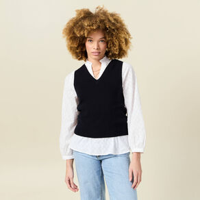 Pull sans manches col en V bleu marine femme