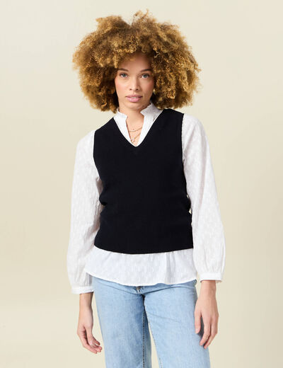 Pull sans manches col en V bleu marine femme