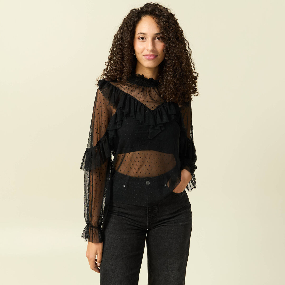 Blouse transparente manches longues noir femme