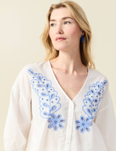Blouse manches 3/4 brodée ecru femme