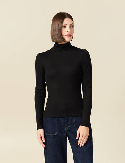 T-shirt cintr&eacute; manches longues col roul&eacute; noir femme