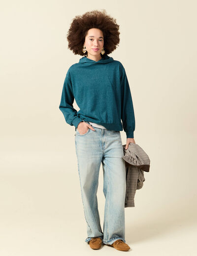Sweat &agrave; capuche manches longues brillant bleu canard femme