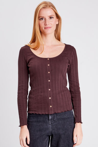 T-shirt manches longues marron foncé femme