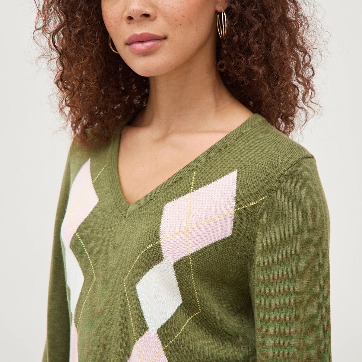 Pull col v manches longues vert femme