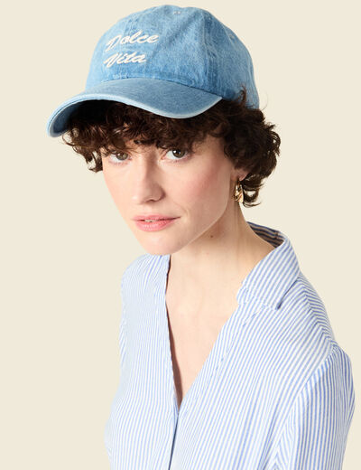 Casquette brodée en jean denim bleach femme