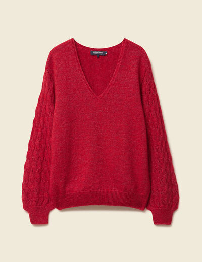 Pull ajouré col V manches longues rouge femme