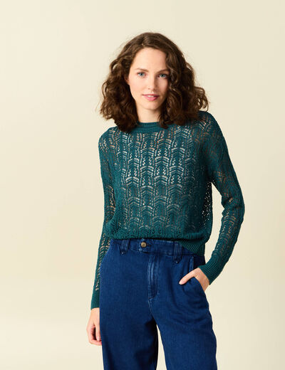 Pull ajour&eacute; manches longues col rond vert canard femme