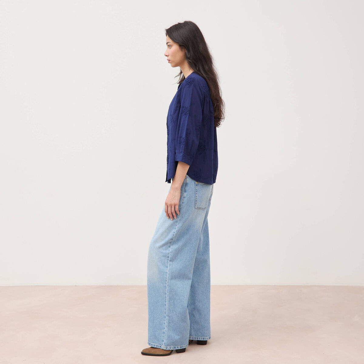 Chemise en coton manches 3/4 bleu marine femme