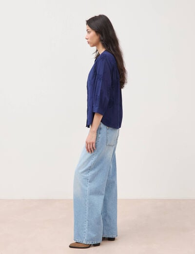 Chemise en coton manches 3/4 bleu marine femme