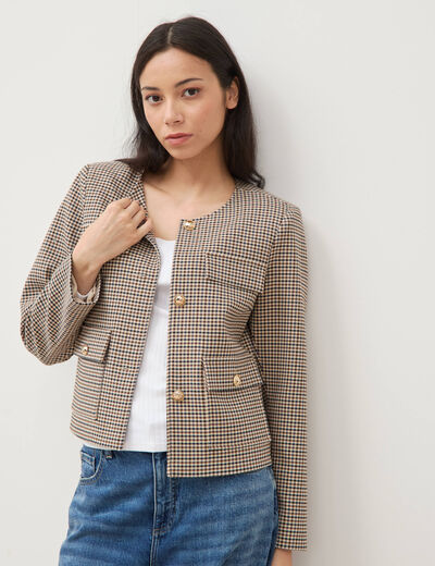 Veste &agrave; carreaux manches longues marron femme