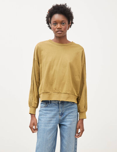 Sweat droit en coton manches longues camel femme