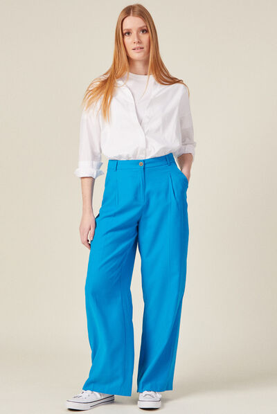 Pantalon large à pinces bleu femme