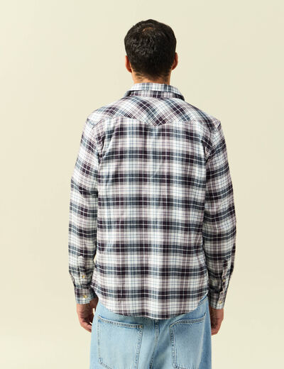 Chemise &agrave; carreaux manches longues ecru homme
