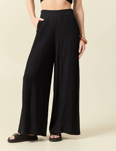 Pantalon large taille haute fluide noir femme