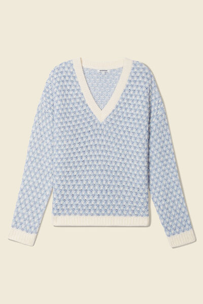 Pull manches longues col en V bleu gris femme
