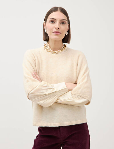 Pull droit court col v manches courtes ivoire femme