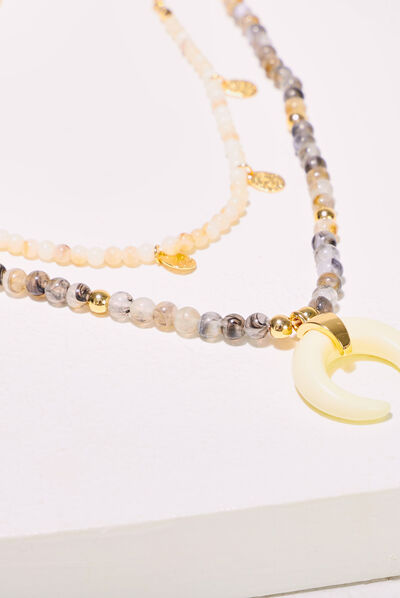 Collier 2 rangs avec perles ecru femme