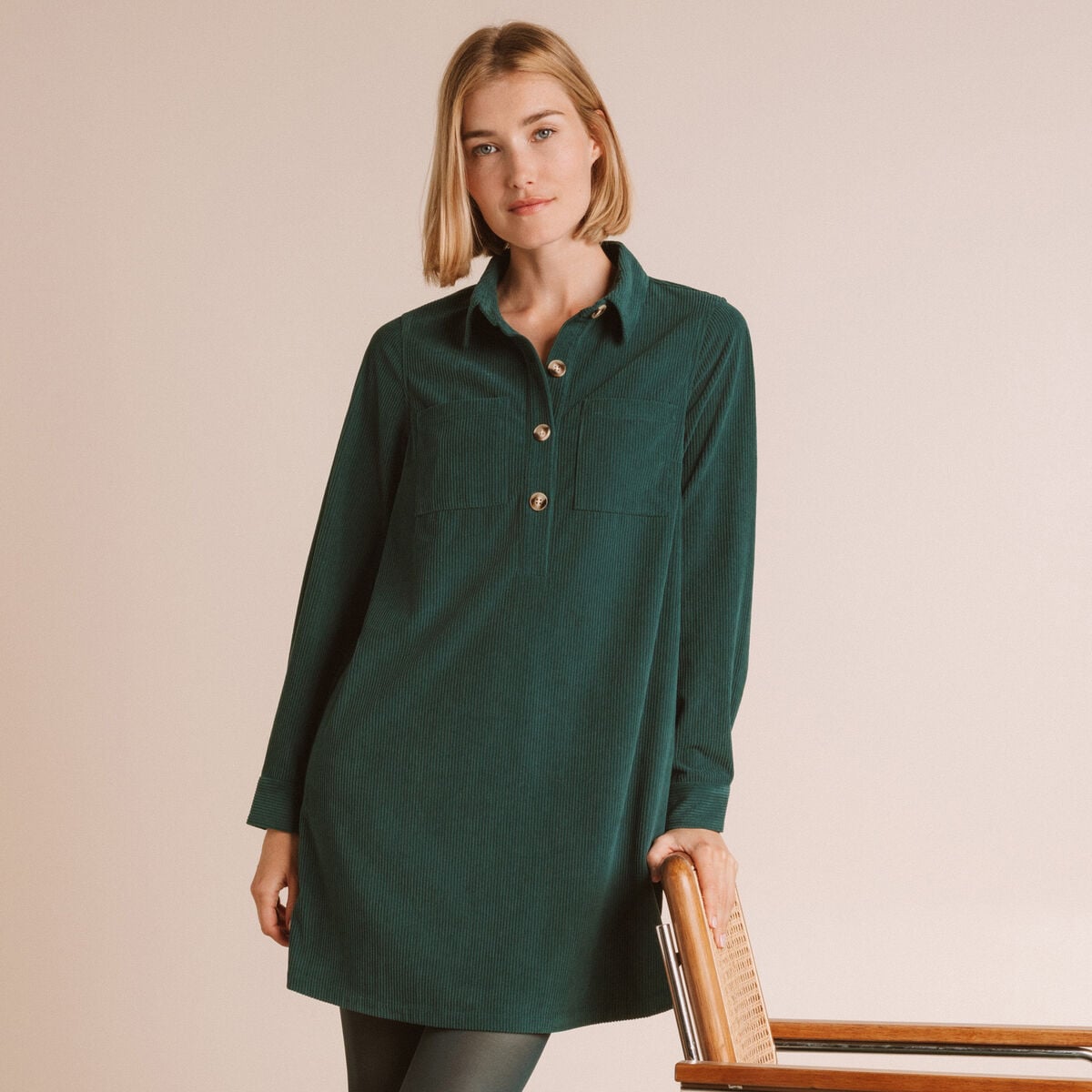 Robe droite velours col polo vert fonc&eacute; femme