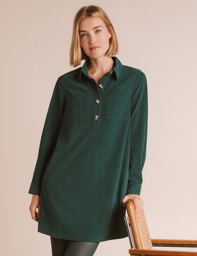 Robe droite velours col polo vert fonc&eacute; femme