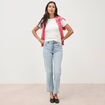 Jeans straight 7/8&egrave;me taille haute denim bleach femme