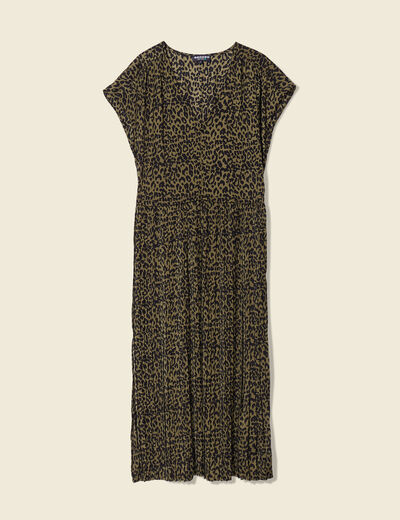 Robe midi évasée plissée satin vert kaki femme