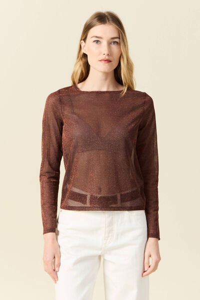 T-shirt manches longues marron cognac femme