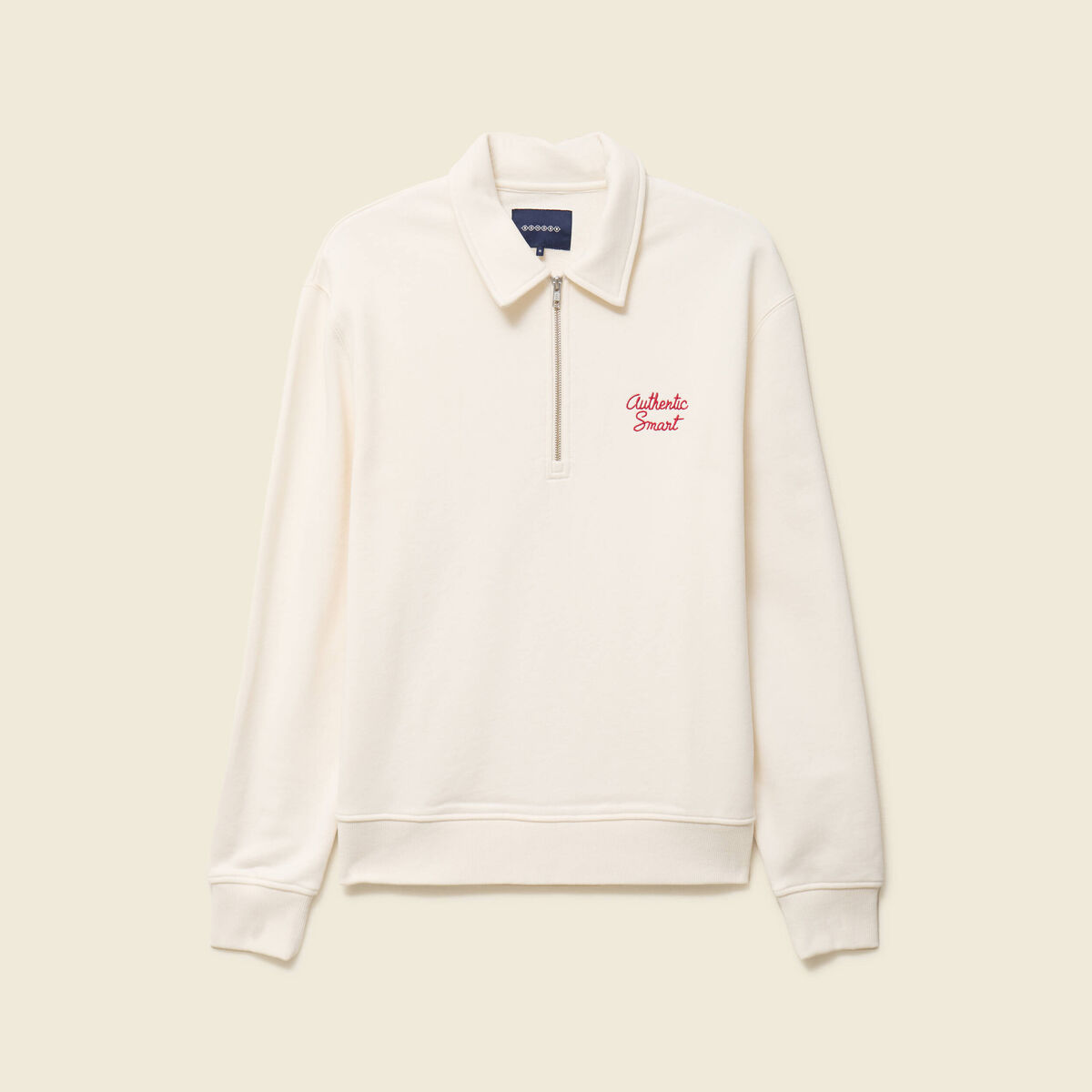 Sweat manches longues col zipp&eacute; en coton ecru homme