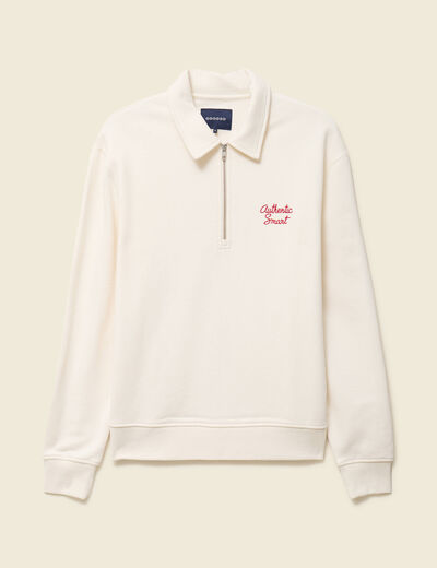 Sweat manches longues col zipp&eacute; en coton ecru homme