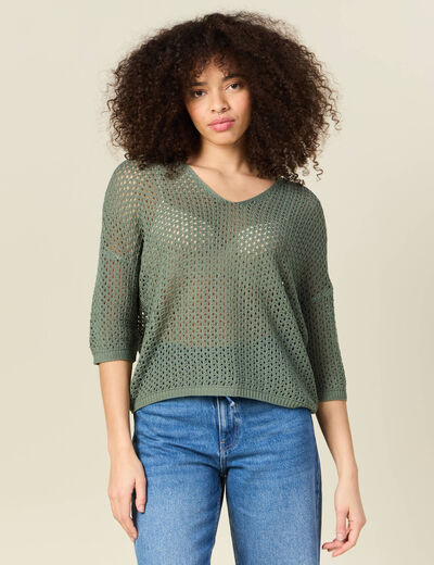 Pull col en V éco-responsable vert kaki femme