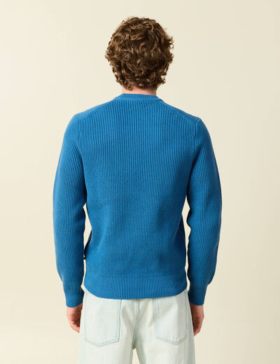 Pull fin manches longues col rond bleu fonc&eacute; homme