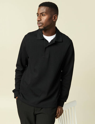Polo cintr&eacute; manches longues en coton noir homme