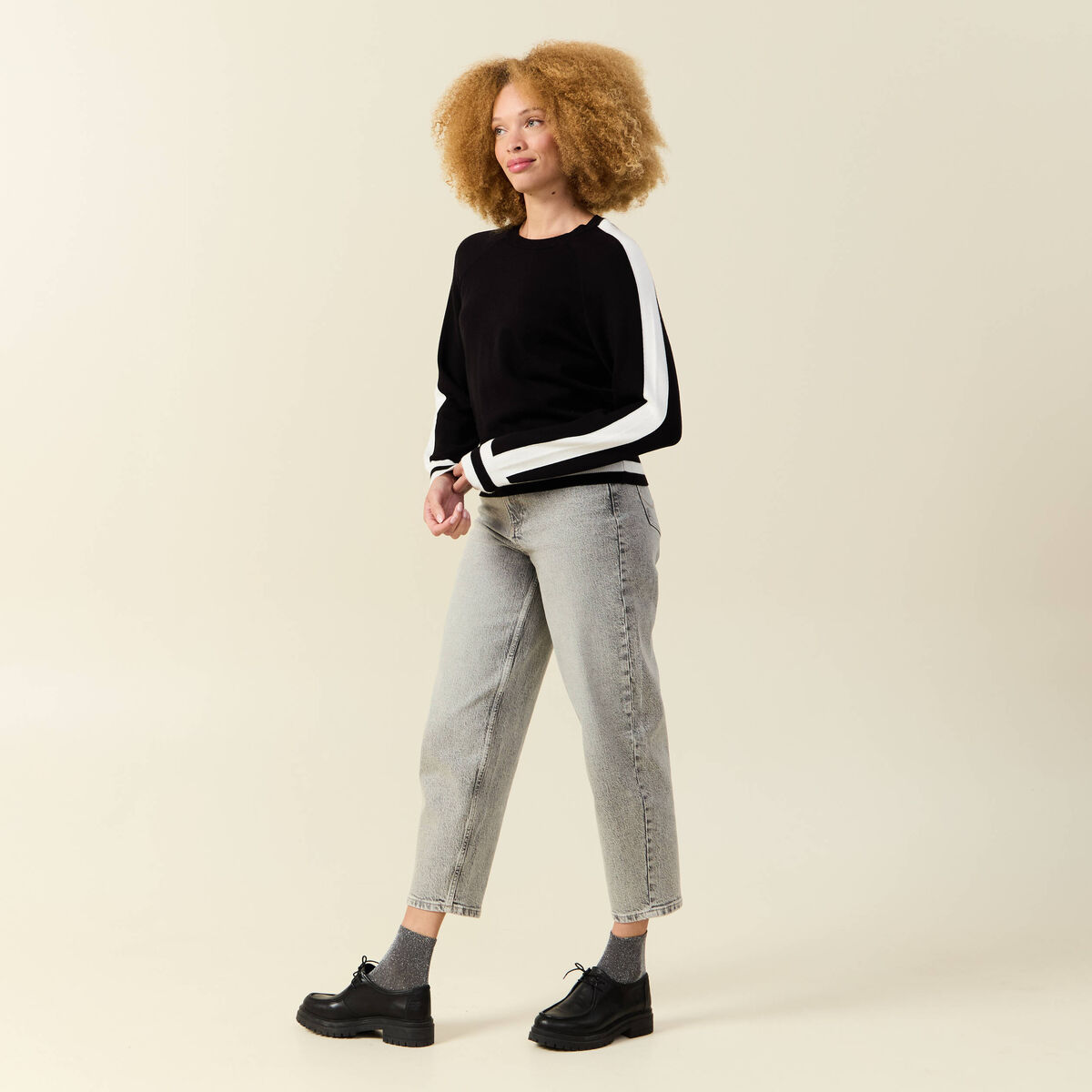 Pull col rond manches longues noir femme
