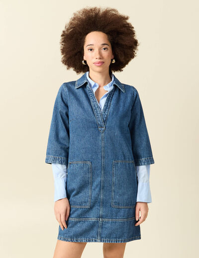 Robe droite courte en coton col v denim stone femme