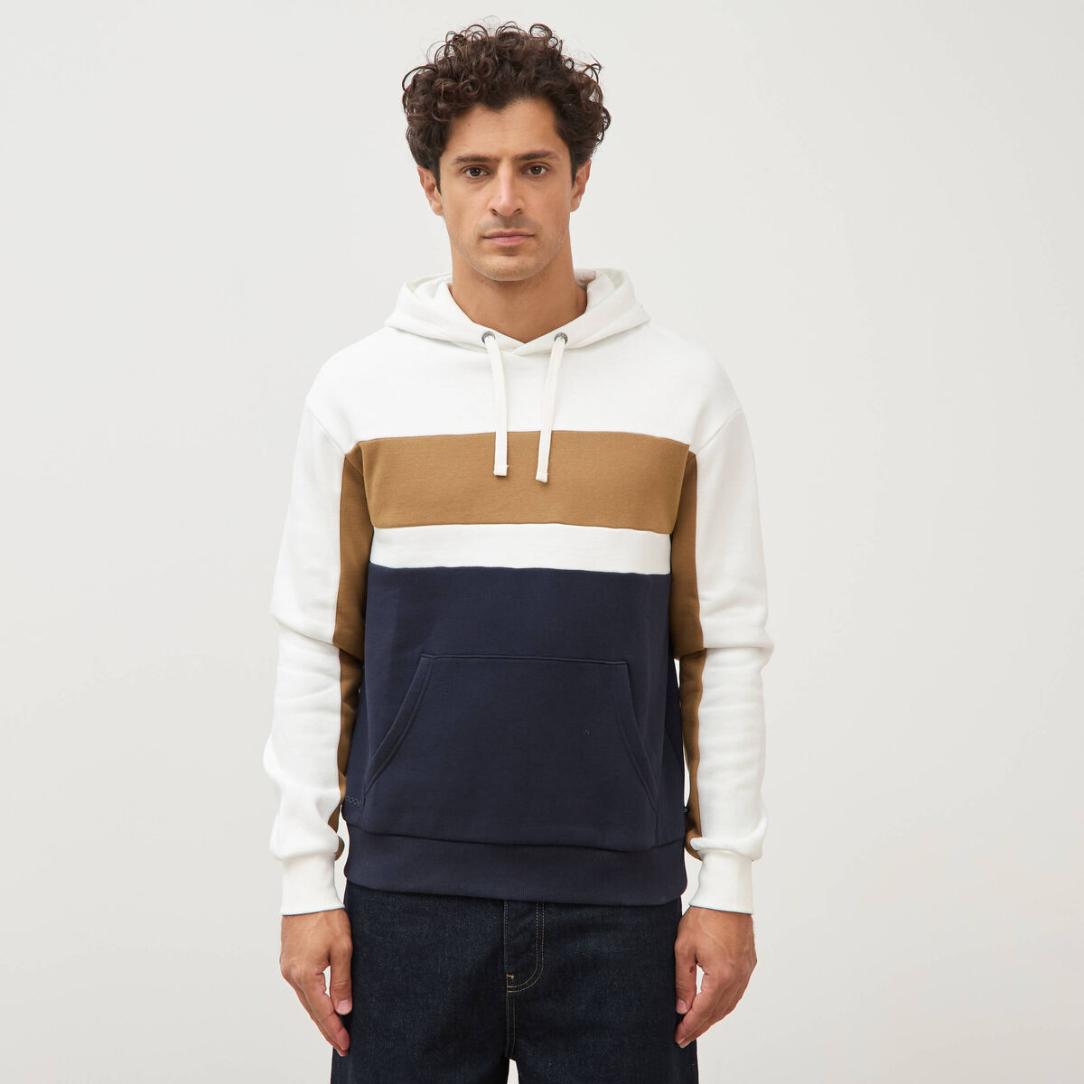 Sweat &agrave; capuche manches longues ecru homme
