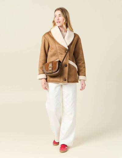 Manteau suédine col châle marron femme