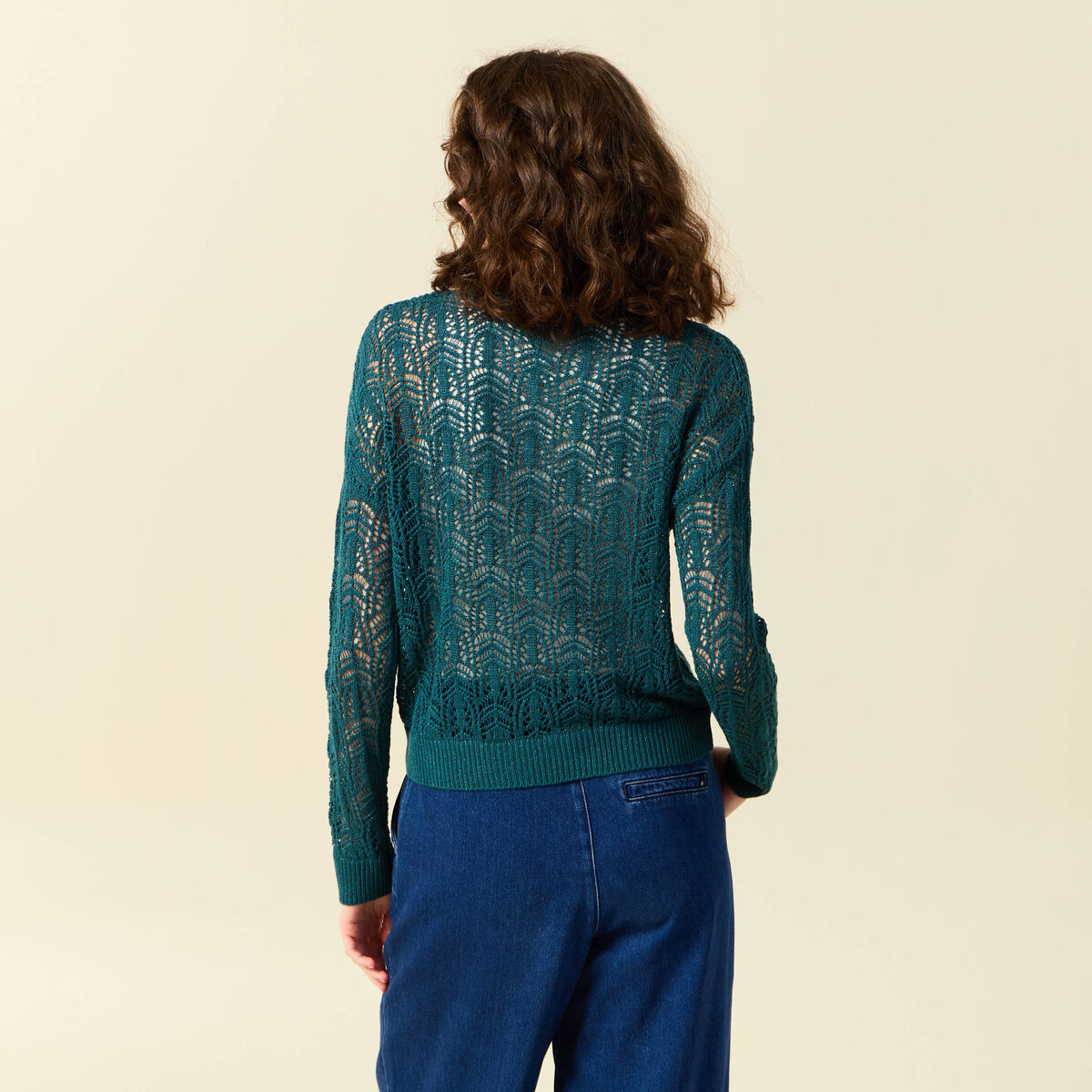 Pull ajour&eacute; manches longues col rond vert canard femme