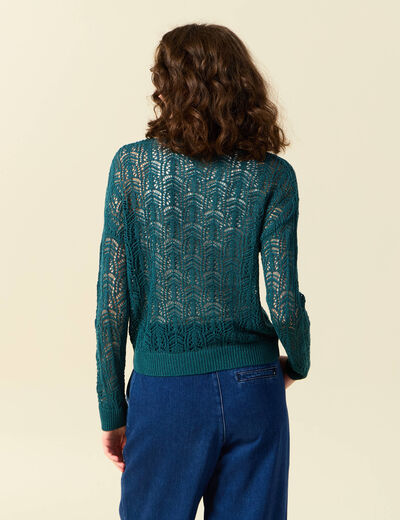 Pull ajour&eacute; manches longues col rond vert canard femme
