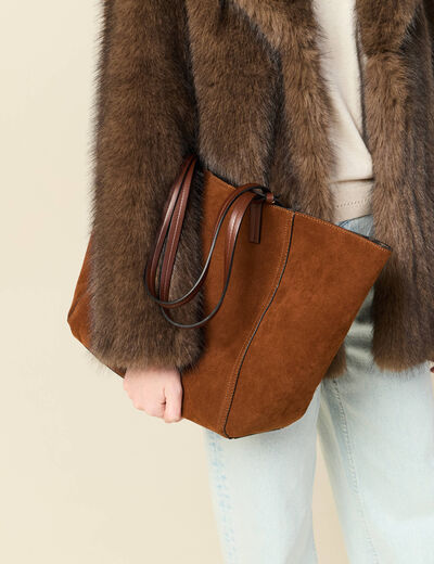 Cabas bandouli&egrave;re avec doublure marron fonc&eacute; femme